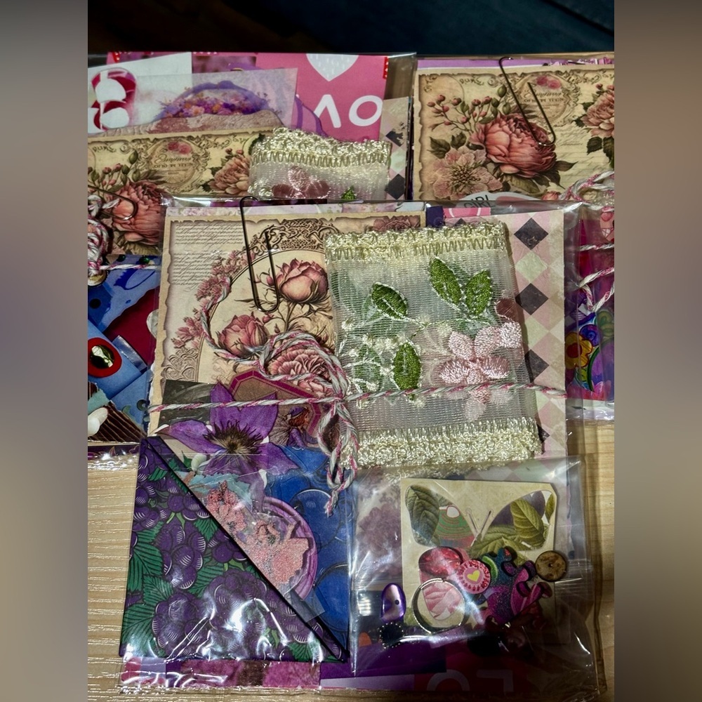 Pink and purple Junk journal scrapbook mystery scrap cut supplies ephemera beads